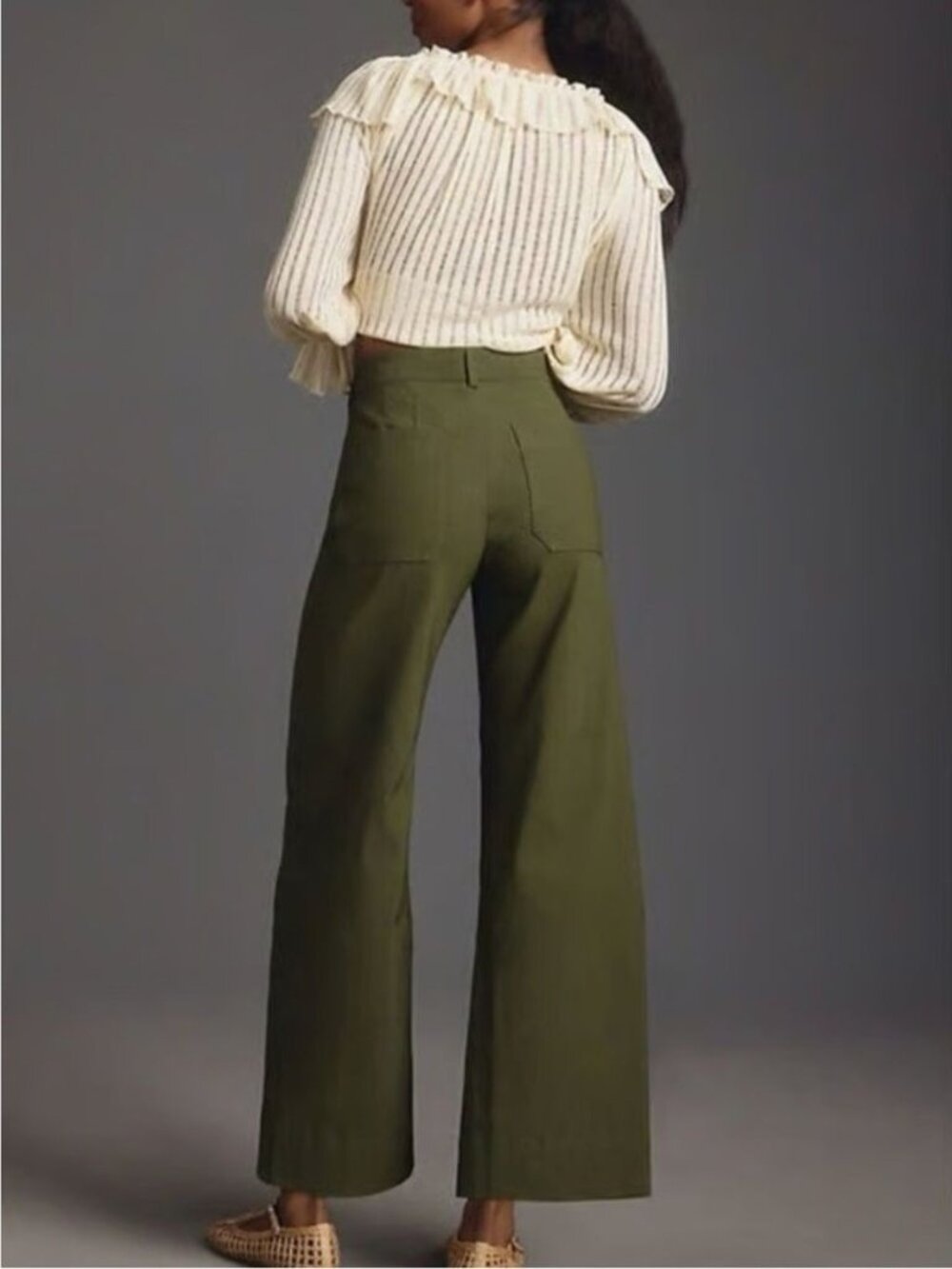 Anthropologie Maeve Colette Wide-Leg Cropped Pants Olive Green High Rise 30 Tall - Picture 2 of 16